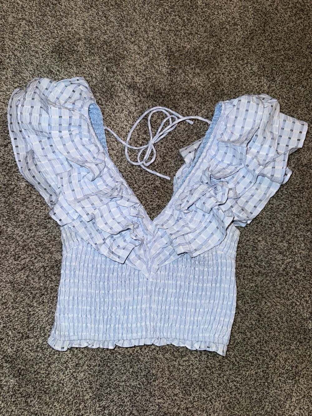 fab'rik Blue Gingham Smocked Ruffle Top